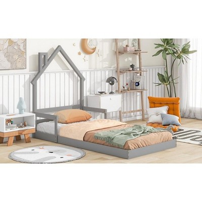 CAVINAS Twin Size Wood Montessori Bed with House-Shaped Headboard,Modern Floor Bed with Slats and Handrails,Toddler Bed for Bedroom