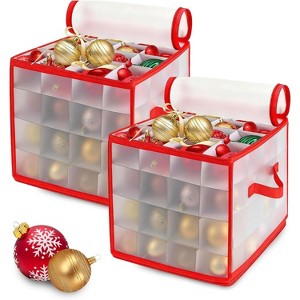 Christmas Ornament Storage Box, 2 Pcs Plastic Christmas Ball Organizers for 128 Holiday Ornaments with Lid, Dual Zippers & Side Handles - 1 of 4