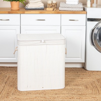 White Bamboo Laundry Hamper with Rope Handles and Lid