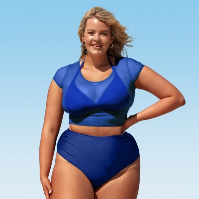 Women's Plus Size Sheer Mesh Top Halter Bikini Three Piece Swimsuit - Cupshe -1x-blue : Target