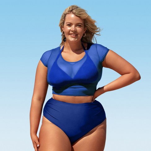 Women's Plus Size Sheer Mesh Top Halter Bikini Three Piece Swimsuit -  Cupshe-00-Blue