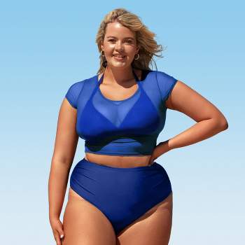 Women's Plus Size Sheer Mesh Top Halter Bikini Three Piece Swimsuit - Cupshe