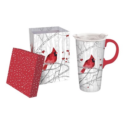 Evergreen Ceramic Travel Cup 17oz. ,withbox and Tritan Lid Perching Cardinal