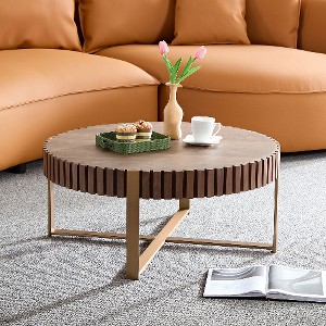 Lyngins Modern Handcraft Drum Coffee Table, 31.5" Center Coffee Table with Stainless Steel Pedestal Base – Manchurian Ash Grain, Living Room Table - 1 of 4