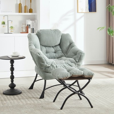 Tiramisubest Lazy Chair with Ottoman Steel Frame Lounge Chair Flannelette Upholstered Chair Ergonomic Reading Chair Living Room Bedroom, Light Green