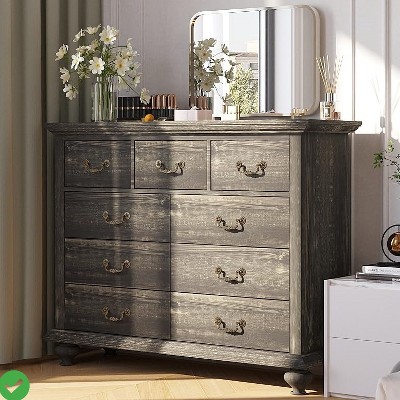 9 Drawer Dresser for Bedroom Dressers & Chests of Drawers w/ Ornately Carved Metal Handles