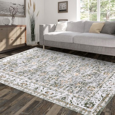 Vintage Persian Area Rug Farmhouse Floral Machine Washable Rug, Stain Resistant Non-Slip