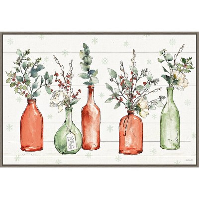 33" x 22" Modern Farmhouse I Christmas Floral Vase Framed Wall Canvas - Amanti Art