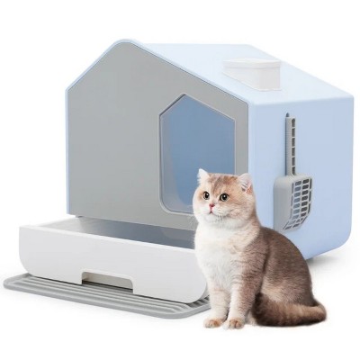 LunaLulinlk Blue Enclosed Litter Box, Large Cat Toilet with Drawer Tray and Scoop