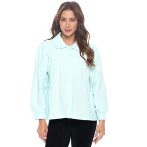 Casual Nights Women's Button Front Jacquard Terry Fleece Sleep Bed Jacket Top with Pockets - 1 of 4