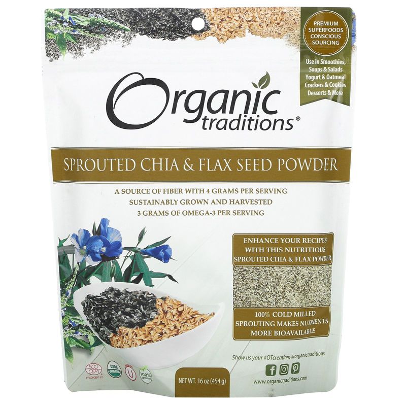 Organic Traditions Sprouted Chia & Flax Seed Powder, 16 oz (454 g), 1 of 3