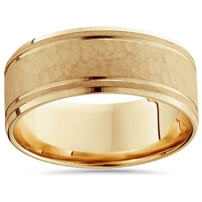 Pompeii3 8mm Hammered Center Mens Wedding Band 14K Yellow Gold