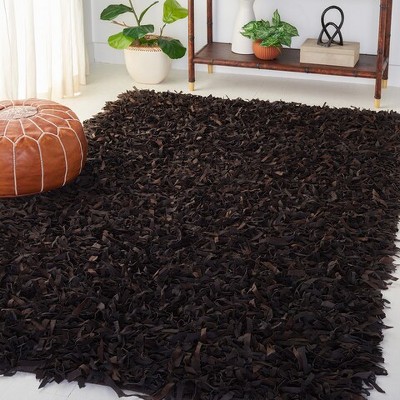 Dark Brown Hand-Knotted Leather Shag Area Rug