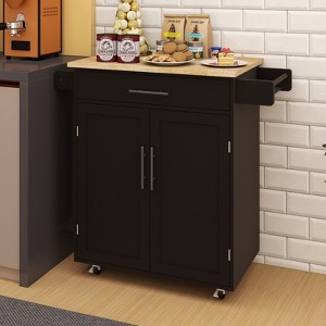 LOVMOR Kitchen Island Cart with 1 Drawer & 2 Doors w/Adjustable Shelves &Seasoning Rack Rubber Wood Table Top,Black - 1 of 4