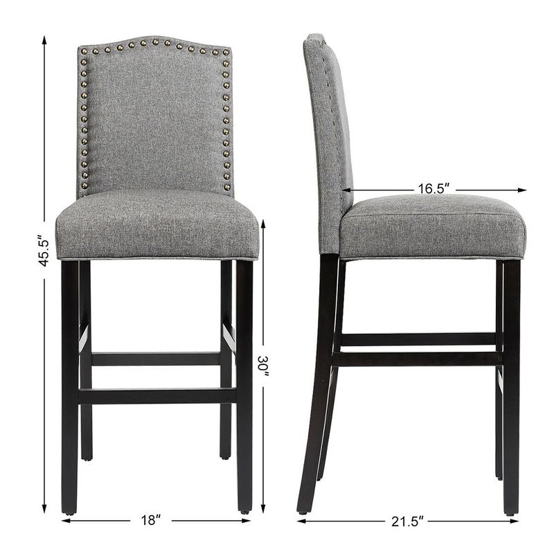 Costway Set of 2 Bar Stools 30'' Upholstered Kitchen Rubber Wood Full Back Chairs Gray, 3 of 11