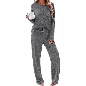 Ekouaer Pajama Set Womens Long Sleeve Sleepwear Pullover Top and Pants Cozy Loungewear Soft Pjs Lounge Set with Pockets - 1 of 1