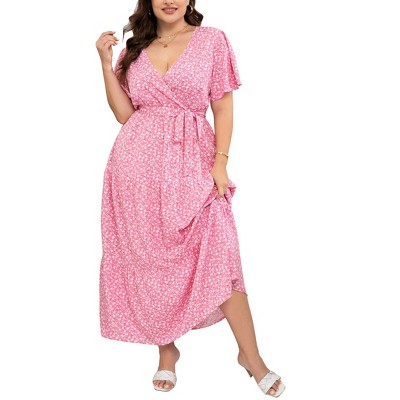 BLUEMING Summer Maxi Dress for Plus Size Women Tie Wasit Surplice Dress Flutter Sleeve A-Line Dress