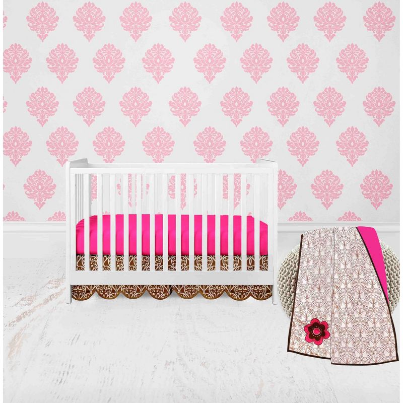 Bacati - Damask Pink Fuschia Chocolate 3 pc Crib Bedding Set, 1 of 8