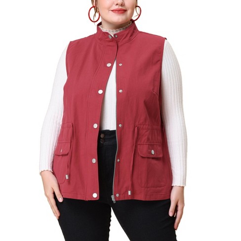 Agnes Orinda Women's Plus Size Utility Vest Cargo Pocket Drawstring Waist  Sleeveless Jacket Burgundy 1X