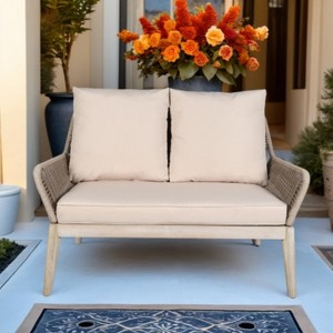 Moda Furnishings Acacia Wood Patio Outdoor Loveseat Sofa With Beige Cushions - 1 of 4