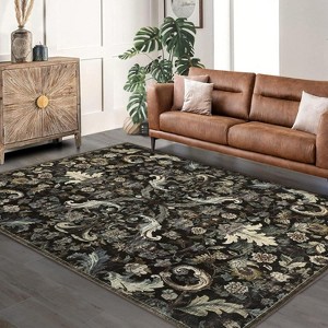 Acekool Traditional Foldable Washable Area Rug, 5'x7' Thin Retro Floral Non-Slip Carpet Mat, Dark Green, Indoor Accent for Living Room & Bedroom - 1 of 4