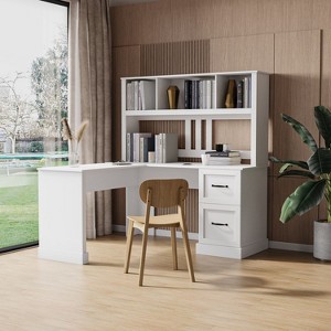 L Shape-Home Office Computer Desk with Hutch, Antiqued Black finish, Writting Desk Workstation with Storage Shelf for Home/Office/-Maison Boucle - 1 of 4
