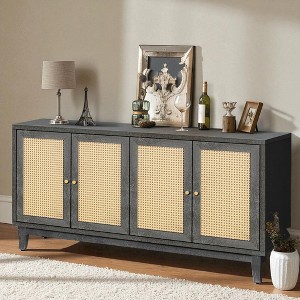 Handcrafted Rattan Sideboard Buffet Cabinet, 60'' Modern Farmhouse Storage Console with 4 Doors, Adjustable Shelves for Living Room - 1 of 4