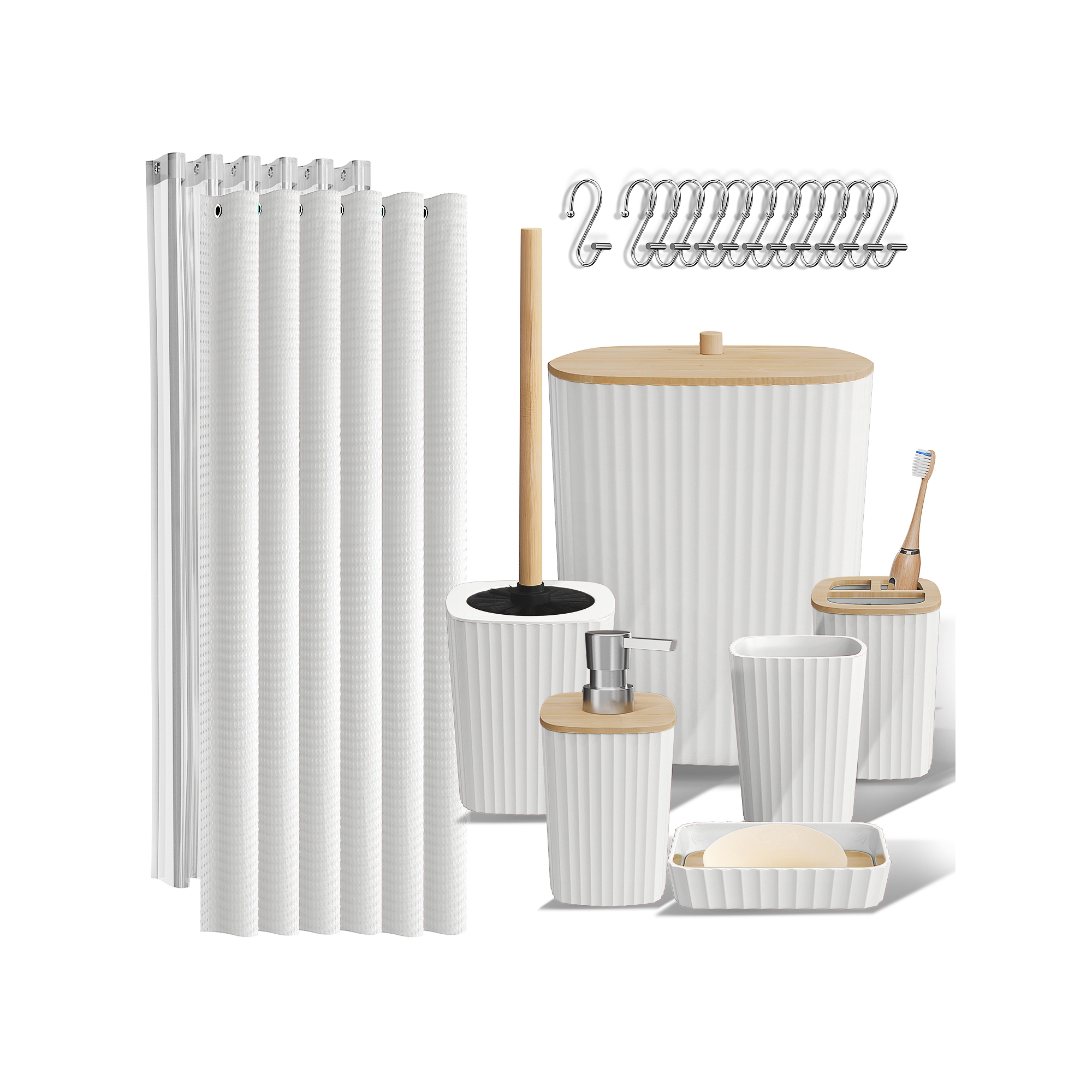 Hearth & Harbor Bathroom Accessories Set, White Bathroom Set with Shower Curtain Set, Trash Can & Soap Dispenser