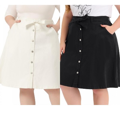 Agnes Orinda Women's Plus Size Tie Waist Button Front Pockets A-Line Midi Denim Skirts