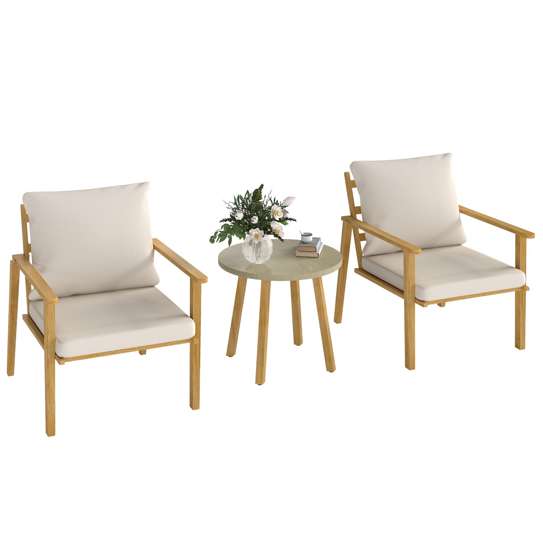 Outsunny 3 Piece Patio Set, Wood Effect Metal Bistro Set, Round Steel Table and Wide and Deep Chairs with Cushions, Small Patio Furniture, Cream White