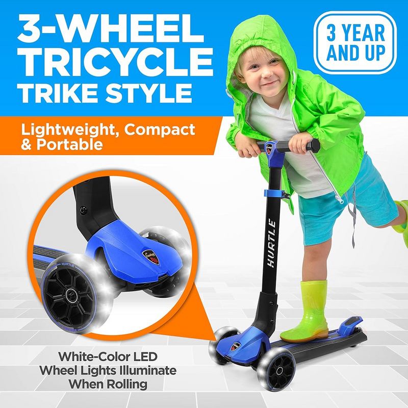 Hurtle 3 Wheeled Scooter for Kids - Foldable Stand Child Toddlers Toy Kick Scooters, Blue, 5 of 10