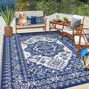 Waterproof Outdoor Rug Reversible Plastic Straw Mat, Vintage Medallion Patio Carpet for RV, Deck, Beach, Camping - 1 of 4