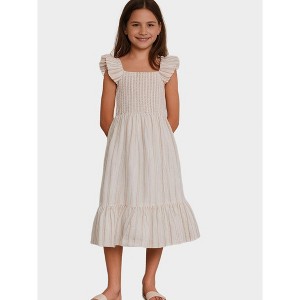 Derek Heart Big Girls Smocked Tiered Midi Dress Faux Linen, Egret/Moonlight/Shrimp Cocktail, 10 - 1 of 3