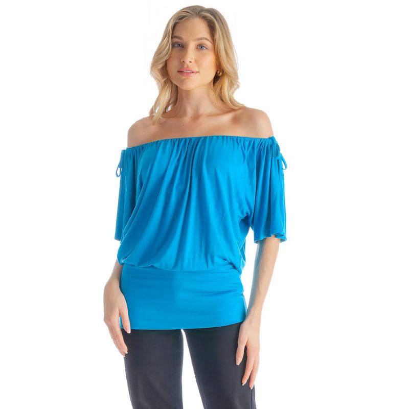 24seven Comfort Apparel Womens Solid Color Short Sleeve Split Shoulder Top, 2 of 7