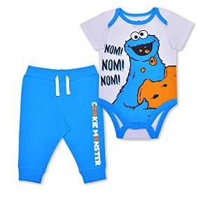 Sesame Street Boy's 2-Pack Cookie Monster Short Sleeve Baby Bodysuit Creeper and Jogger Pant Set - Size 6-9 Months - 1 of 4