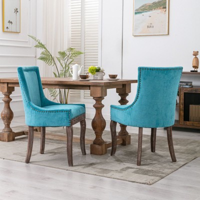 NicBex Set of 2 Retro Fabric Dining Chairs with Thick Cushions & Bronze Nailheads, Solid Wood Legs Comfy Kitchen Side Chairs
