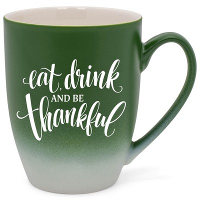 Elanze Designs Eat Drink And Be Thankful Two Toned Ombre Matte Green and White 12 ounce Ceramic Stoneware Coffee Cup Mug