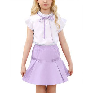 Girls Skirts with Ruffle Sleeve Tops Tie Detail Skirts Ruffled Trim Girls Tops with Pleated Flutter Skirts - 1 of 4