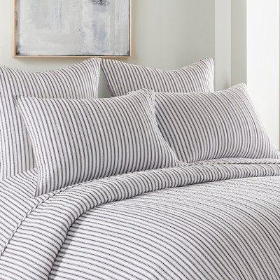 Twin Charcoal Cotton Reversible Stripe Quilt Set