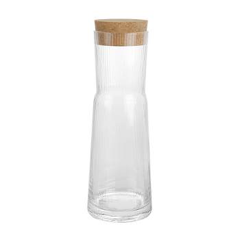 Elle Decor Clear Carafe with Natural Cork Stopper Ribbed, Glass Pitcher with Lid, 37-Ounce, Clear