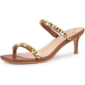 Perphy Snakeskin Printed Square Toe Chain Stiletto Heels Slide Sandals for Women
