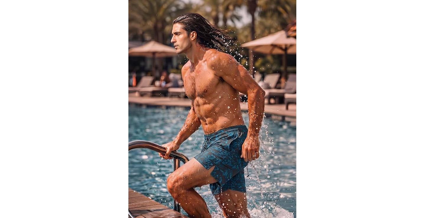 Мужские шорты COOFANDY Men Swim Trunk with Compression Liner 2 in 1 Swimwear Bathing Suit Quick Dry Board Short Black Plam Leaf M, цвет: Чёрный — фото 3