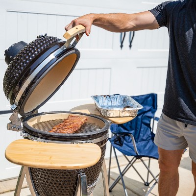 Black Ceramic Kamado Grill with Smoker and Bamboo Side Tables