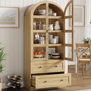 72" Tall Arched Kitchen Pantry Cabinet, Farmhouse Wood Pantry Storage Cabinet with 2 Large Drawers & Glass Door - 1 of 4