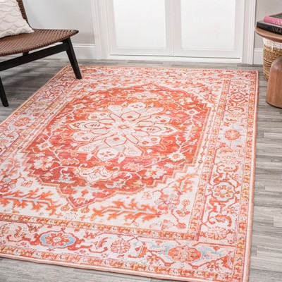 Orange and Cream Medallion Washable Synthetic Area Rug 4' x 6'