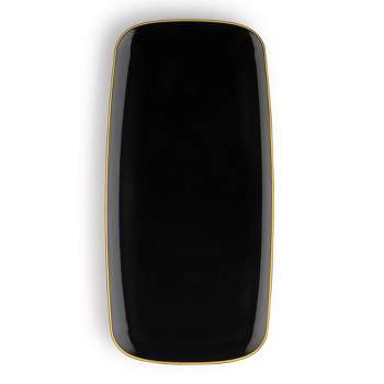 Smarty Had A Party Black with Gold Rim Flat Raised Edge Rectangular Disposable Plastic Plates (10.6" x 5") (120 Plates)