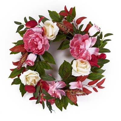 Spring/Summer Artificial Floral Grapevine Wreath with Pink and White Roses