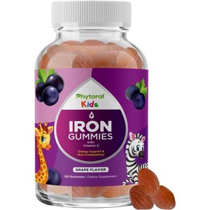 Kids Iron Gummies with Vitamin C, Blood Builder Iron Supplements for Kids Gentle for Stronger Immunity & Energy Support, Grape Flavor, Phytoral, 120ct - 1 of 4