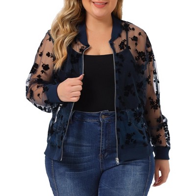 Agnes Orinda Women's Plus Size Bomber Mesh Sheer Floral Lace Long ...