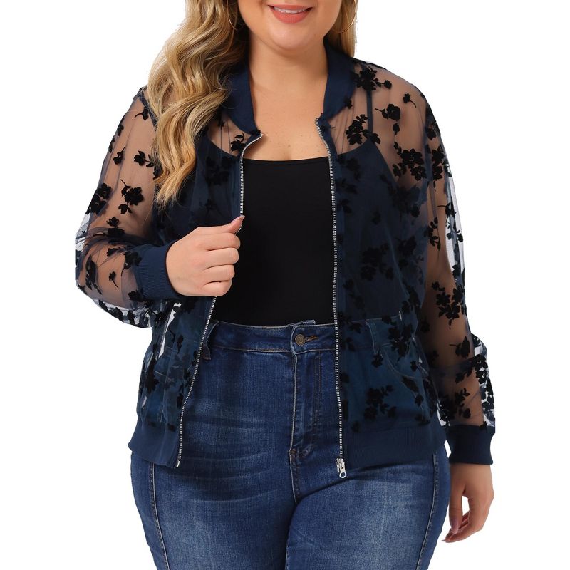 Agnes Orinda Women's Plus Size Bomber Mesh Sheer Floral Lace Long Sleeve Fashion Jackets, 1 of 6